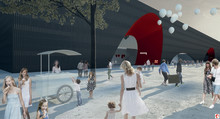 Visualisation of the draft by Marte.Marte: an arched red entrance that is visible from afar